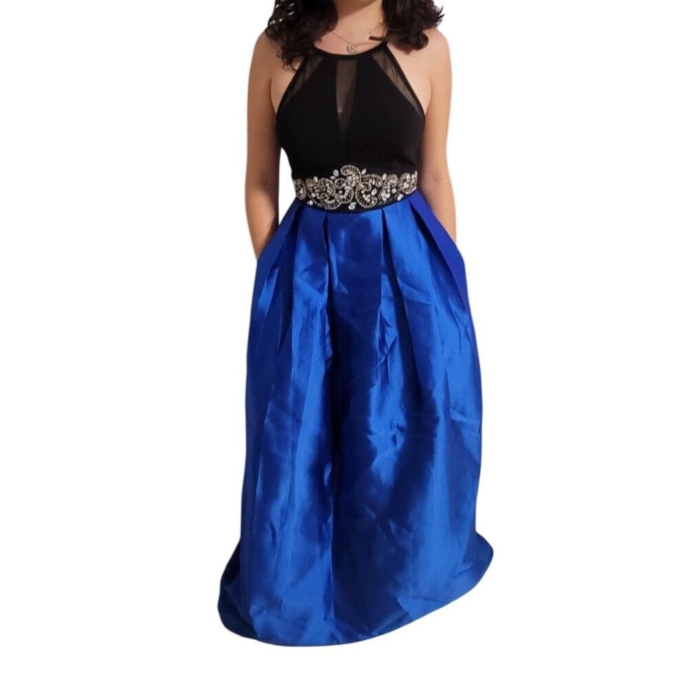 By Nights By Teeze Me Sleeveless Black Blue Evening prom dress sparkle diamond